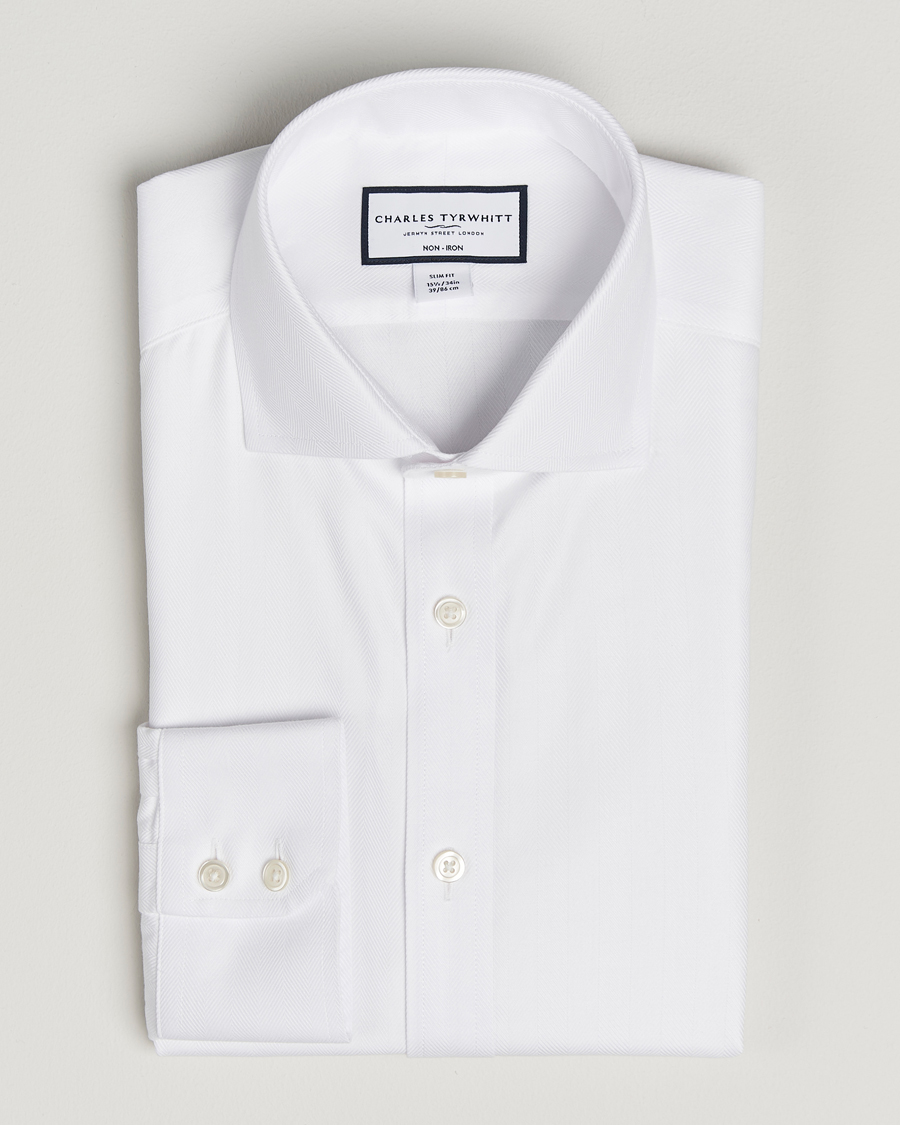 Uomini | Camicie | Charles Tyrwhitt | Slim Fit Non Iron Herringbone Cut Away Shirt White