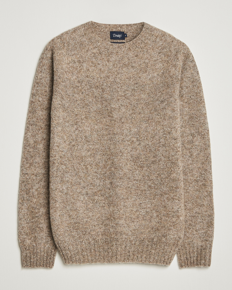 Uomini | Maglieria | Drake's | Brushed Shetland Crew Mushroom