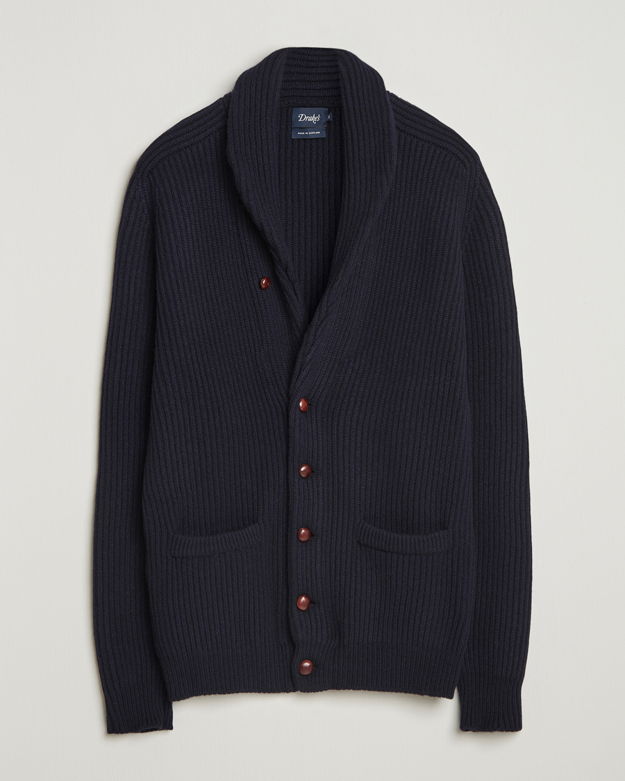 Uomini | Maglieria | Drake's | Lambswool Shawl Collar Rib Cardigan Navy