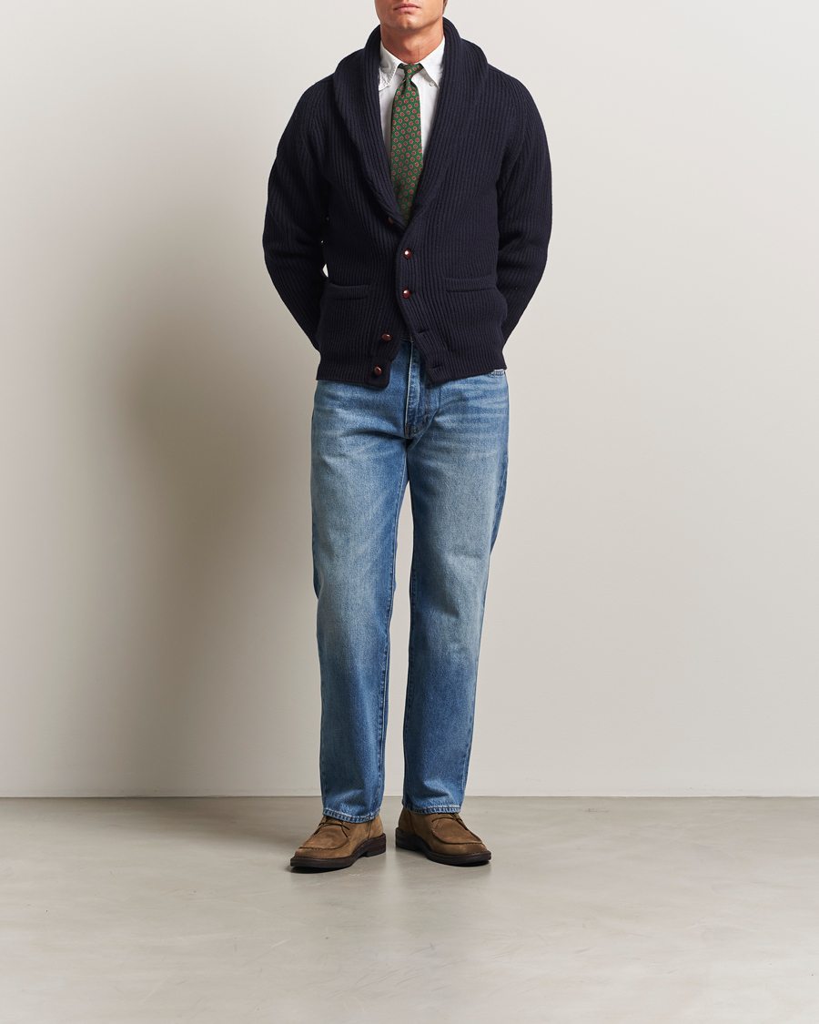 Uomini | Maglieria | Drake's | Lambswool Shawl Collar Rib Cardigan Navy