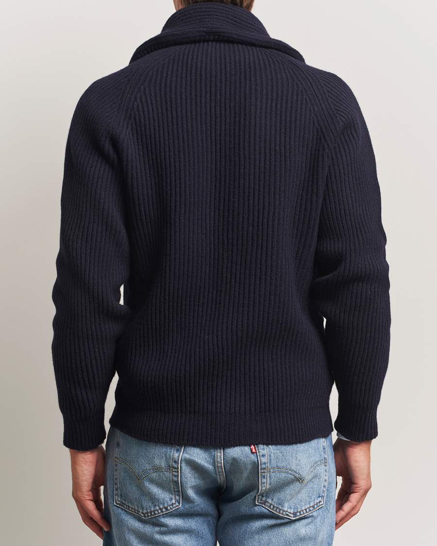 Uomini | Maglieria | Drake's | Lambswool Shawl Collar Rib Cardigan Navy