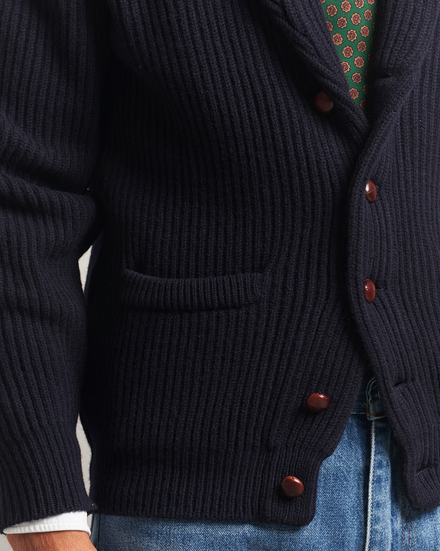 Uomini | Maglieria | Drake's | Lambswool Shawl Collar Rib Cardigan Navy