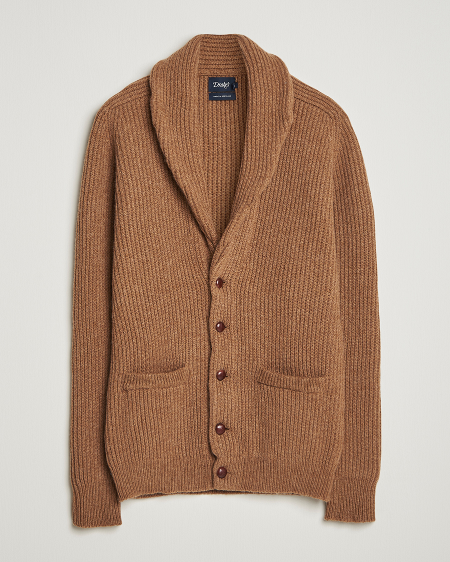 Uomini | Maglieria | Drake's | Lambswool Shawl Collar Rib Cardigan Brown