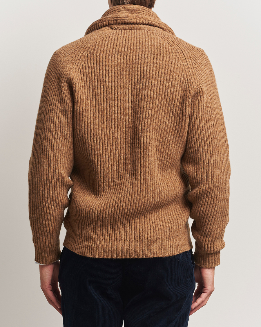 Uomini | Maglieria | Drake's | Lambswool Shawl Collar Rib Cardigan Brown