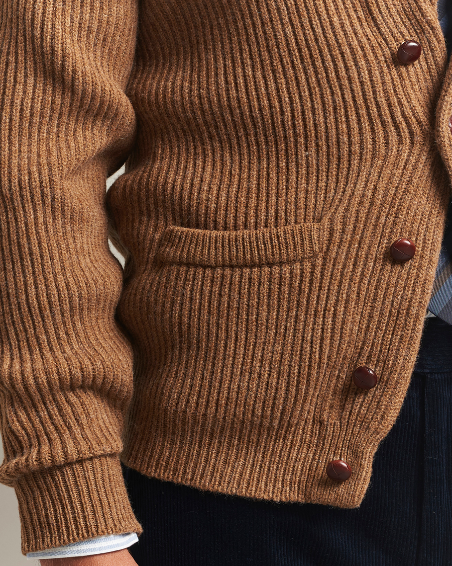 Uomini | Maglieria | Drake's | Lambswool Shawl Collar Rib Cardigan Brown