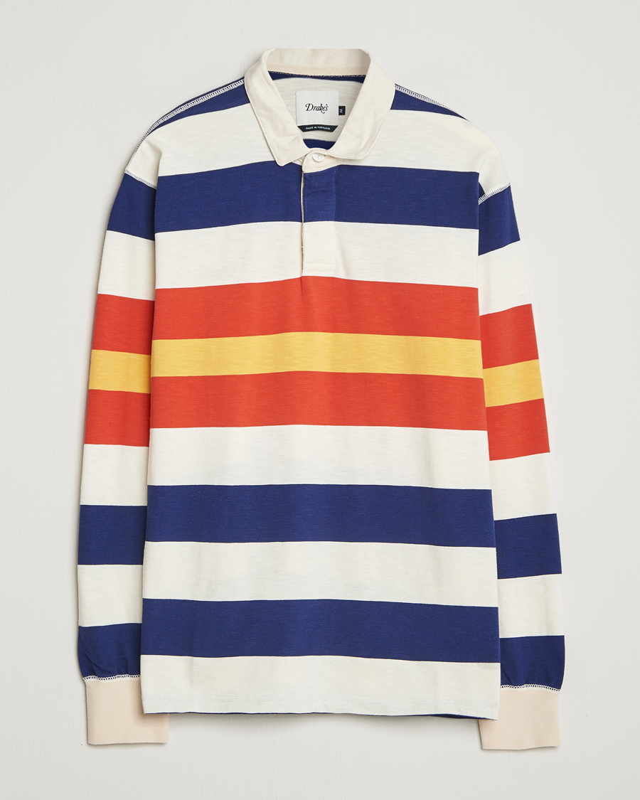 Uomini | Maglieria | Drake's | Striped Flame Rugby Shirt White/Navy/Red