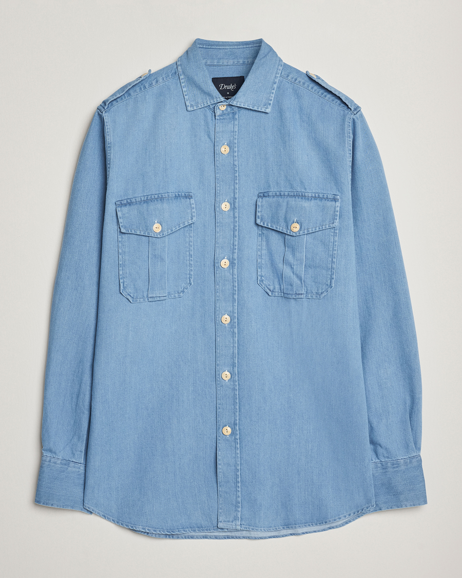 Uomini | Camicie | Drake's | Denim Epaulette Shirt Blue