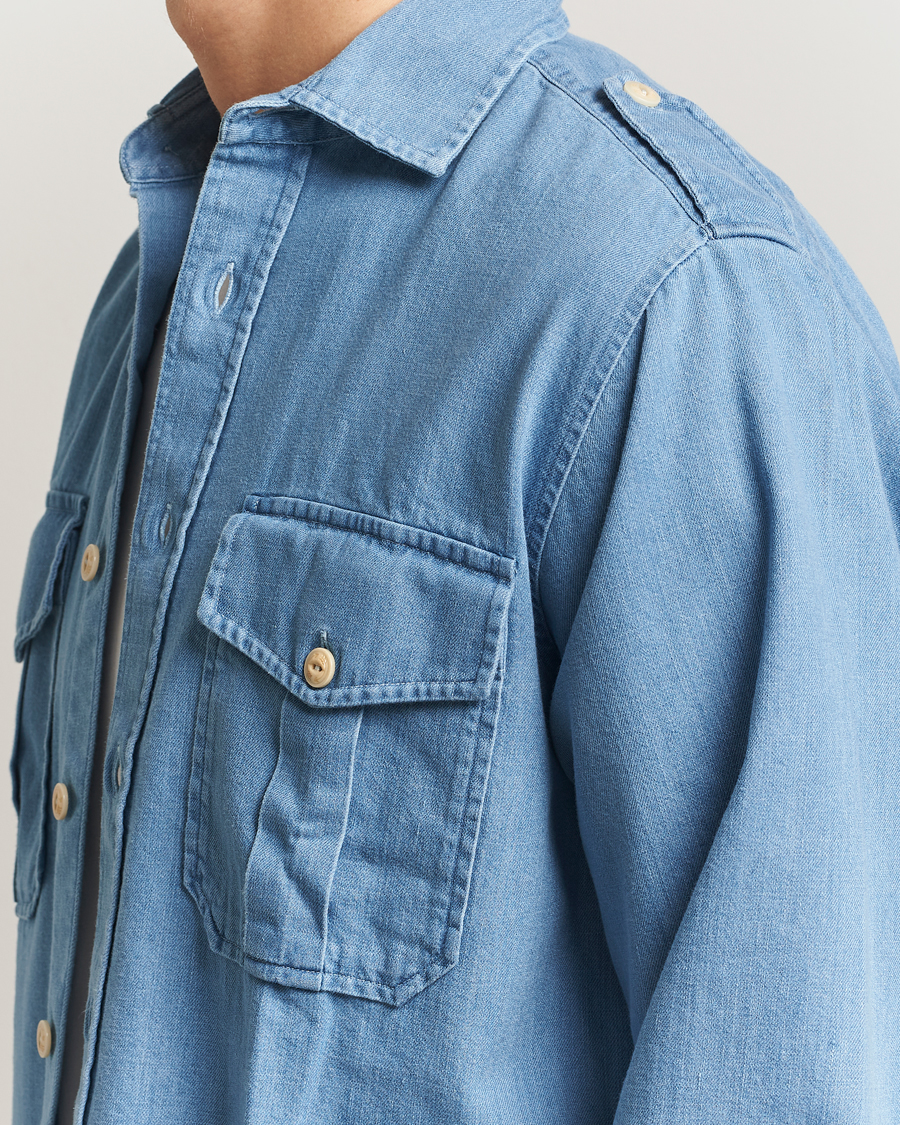Uomini | Camicie | Drake's | Denim Epaulette Shirt Blue