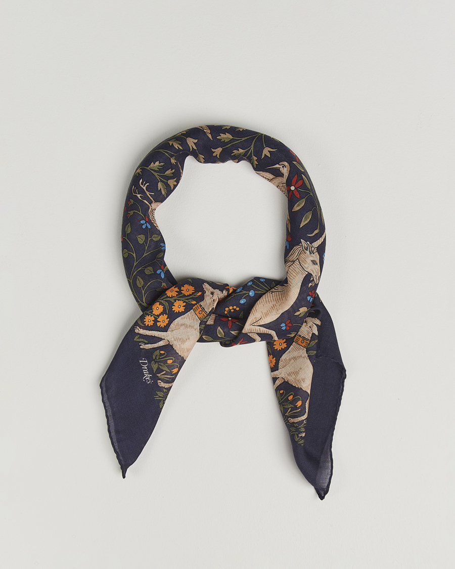 Uomini | Drake's Unicorn Garden Wool/Silk Scarf Navy | Drake's | Unicorn Garden Wool/Silk Scarf Navy