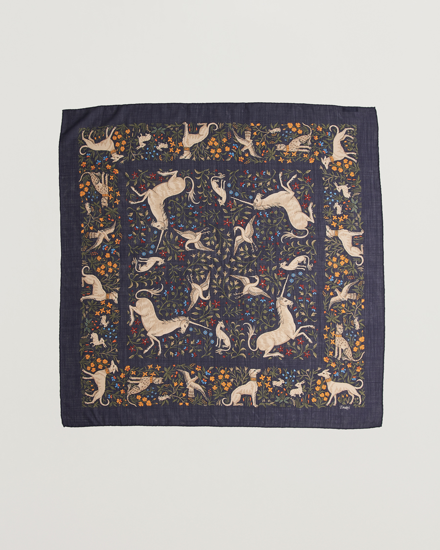 Uomini | Drake's Unicorn Garden Wool/Silk Scarf Navy | Drake's | Unicorn Garden Wool/Silk Scarf Navy