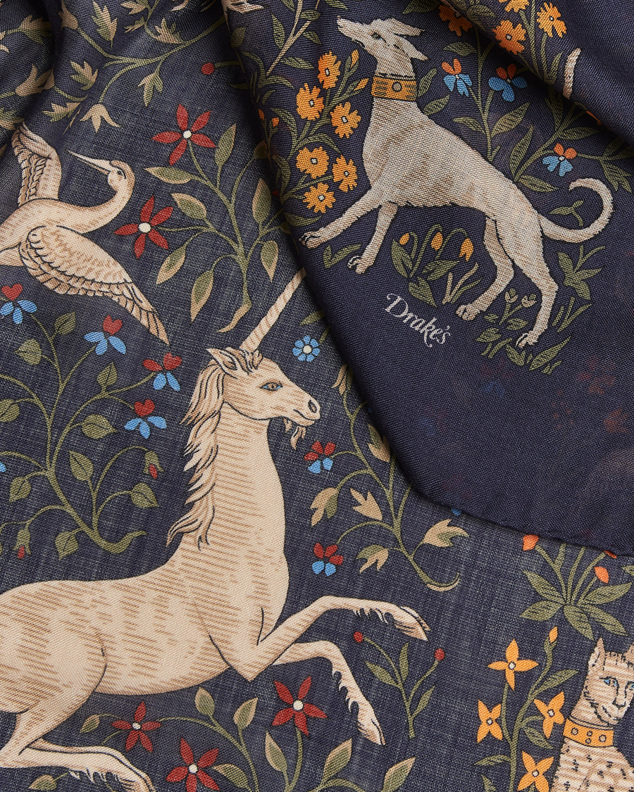 Uomini | Drake's Unicorn Garden Wool/Silk Scarf Navy | Drake's | Unicorn Garden Wool/Silk Scarf Navy