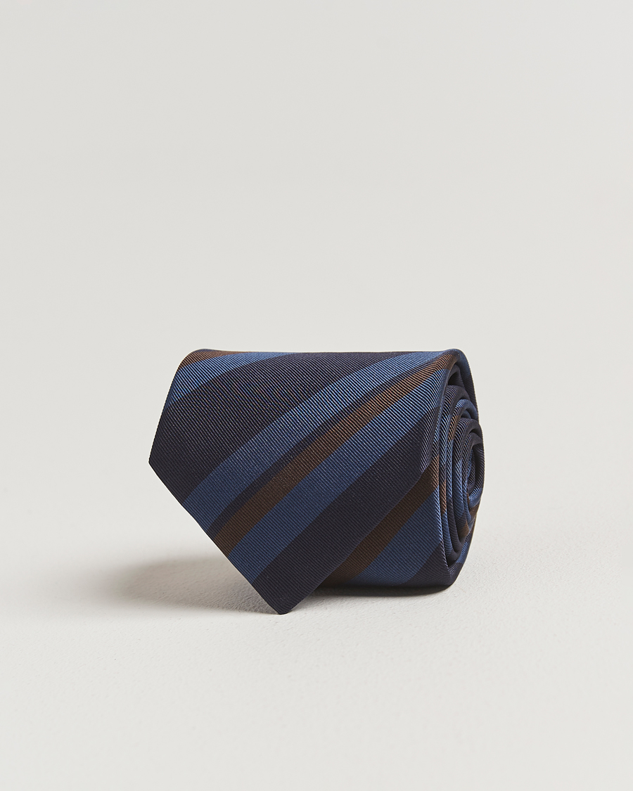 Uomini | Drake's Stripe Mogador Silk/Cotton Tie Navy/Brown | Drake's | Stripe Mogador Silk/Cotton Tie Navy/Brown