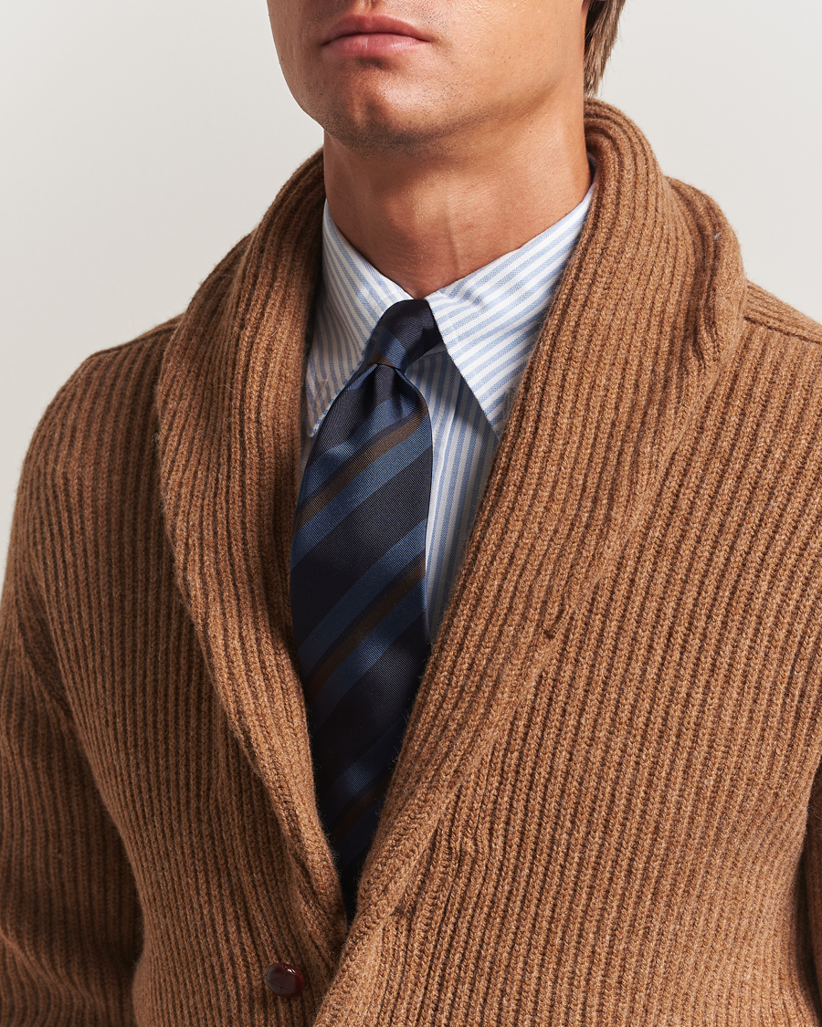 Uomini | Drake's Stripe Mogador Silk/Cotton Tie Navy/Brown | Drake's | Stripe Mogador Silk/Cotton Tie Navy/Brown