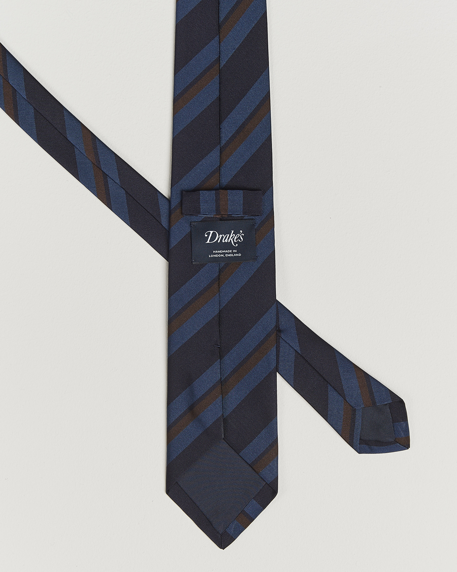 Uomini | Drake's Stripe Mogador Silk/Cotton Tie Navy/Brown | Drake's | Stripe Mogador Silk/Cotton Tie Navy/Brown