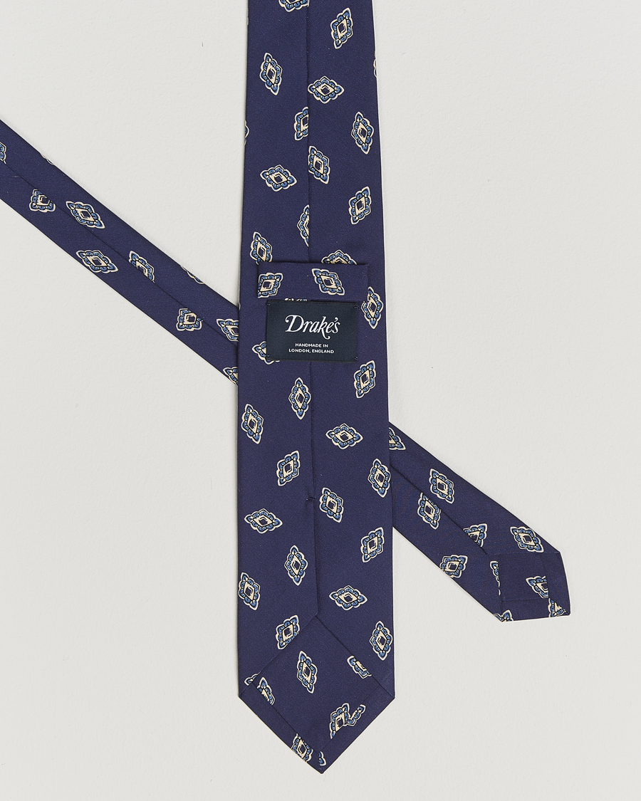 Uomini | Drake's Diamond Petals Habotai Silk Tie Navy | Drake's | Diamond Petals Habotai Silk Tie Navy
