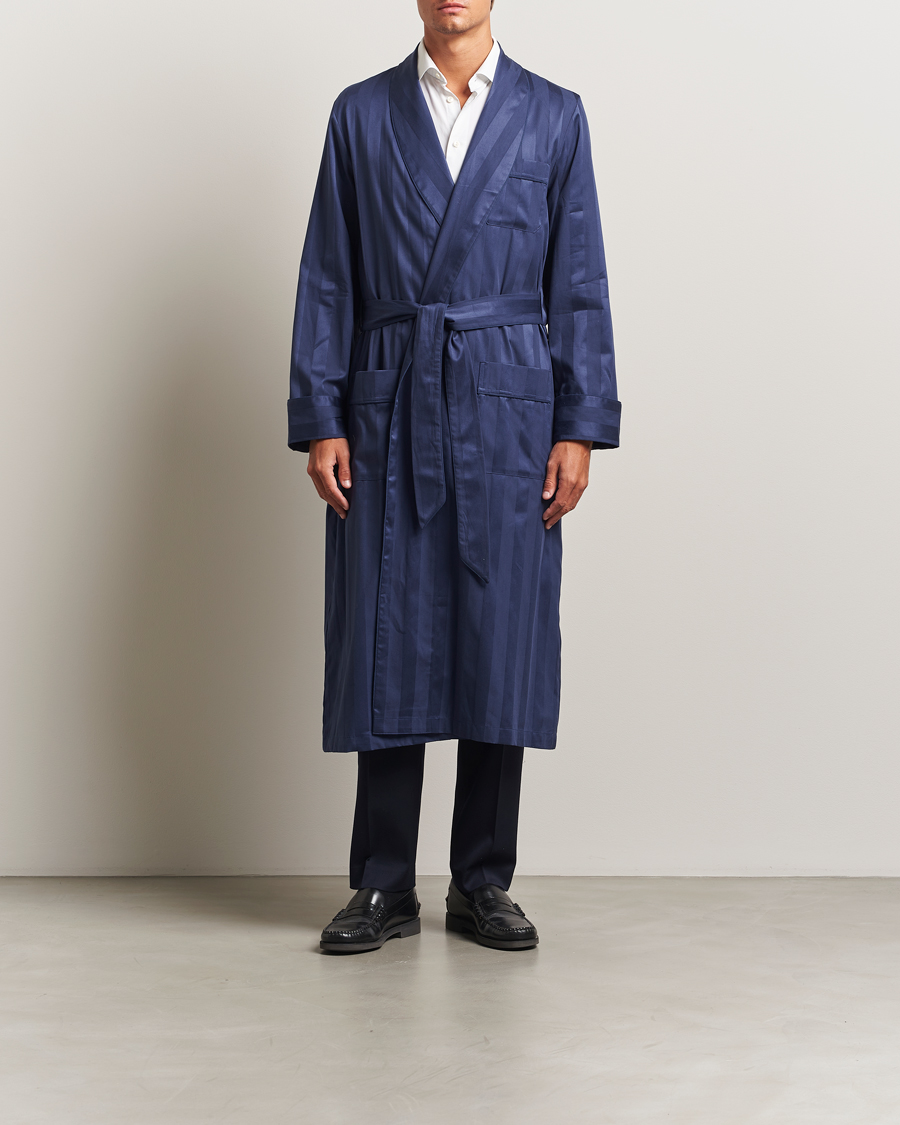 Uomini | Accappatoi & Pigiami | Derek Rose | Striped Cotton Dressing Gown Navy