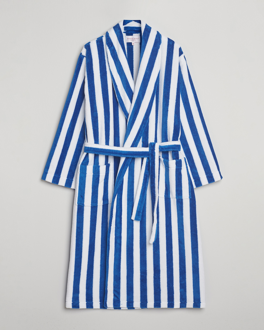 Uomini | Accappatoi & Pigiami | Derek Rose | Striped Cotton Velour Gown Blue/White