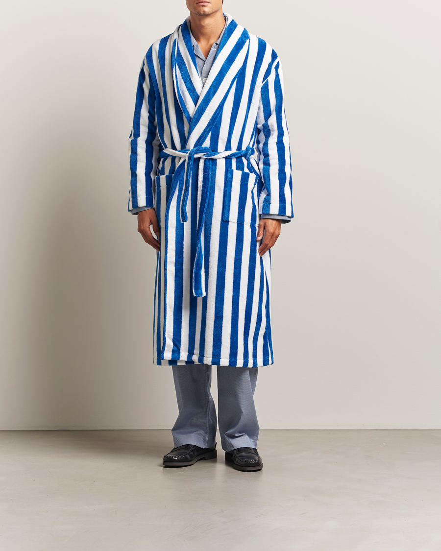 Uomini | Accappatoi & Pigiami | Derek Rose | Striped Cotton Velour Gown Blue/White