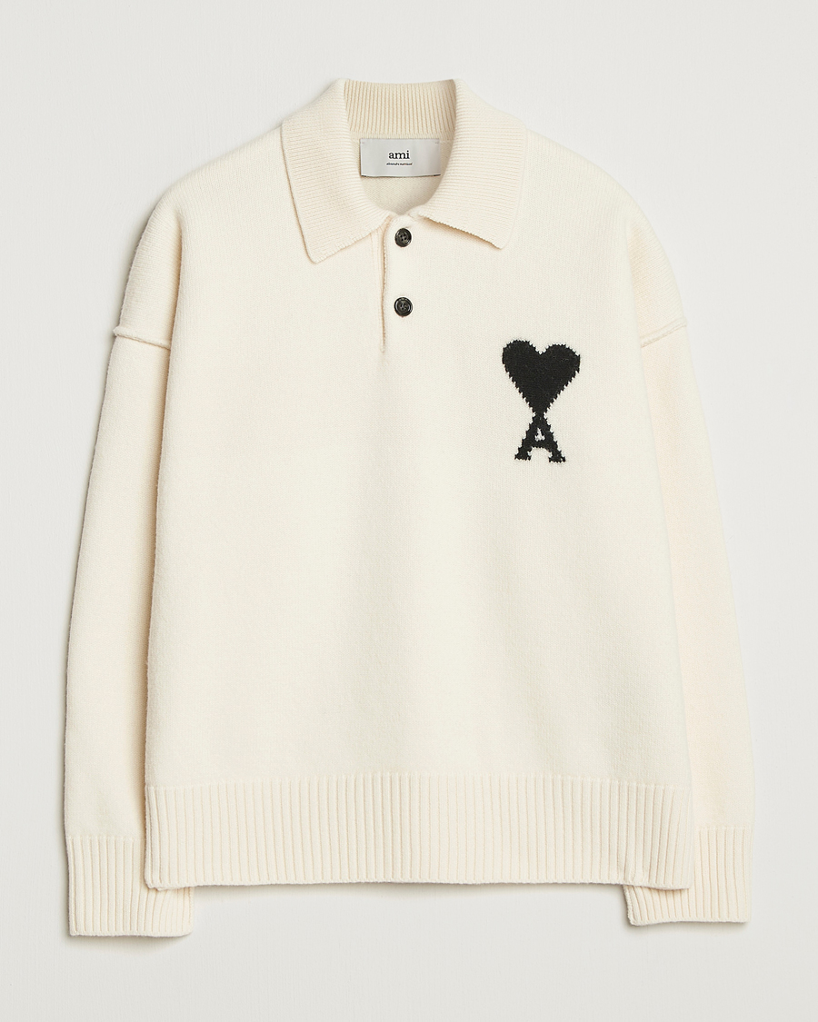 Uomini | Maglieria | AMI | Big Heart Logo Wool Knitted Polo Ecru