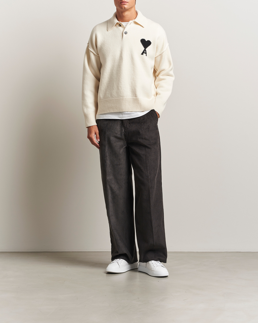 Uomini | Maglieria | AMI | Big Heart Logo Wool Knitted Polo Ecru