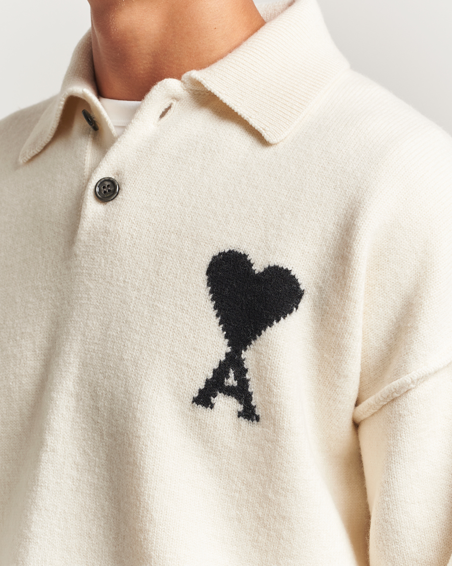 Uomini | Maglieria | AMI | Big Heart Logo Wool Knitted Polo Ecru