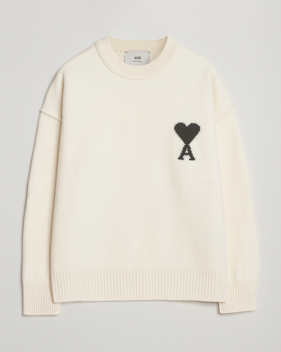 Uomini | Maglieria | AMI | Big Heart Logo Wool Knitted Sweater Ecru