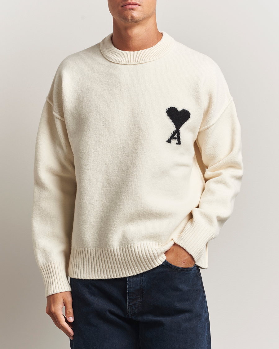 Uomini | Maglieria | AMI | Big Heart Logo Wool Knitted Sweater Ecru