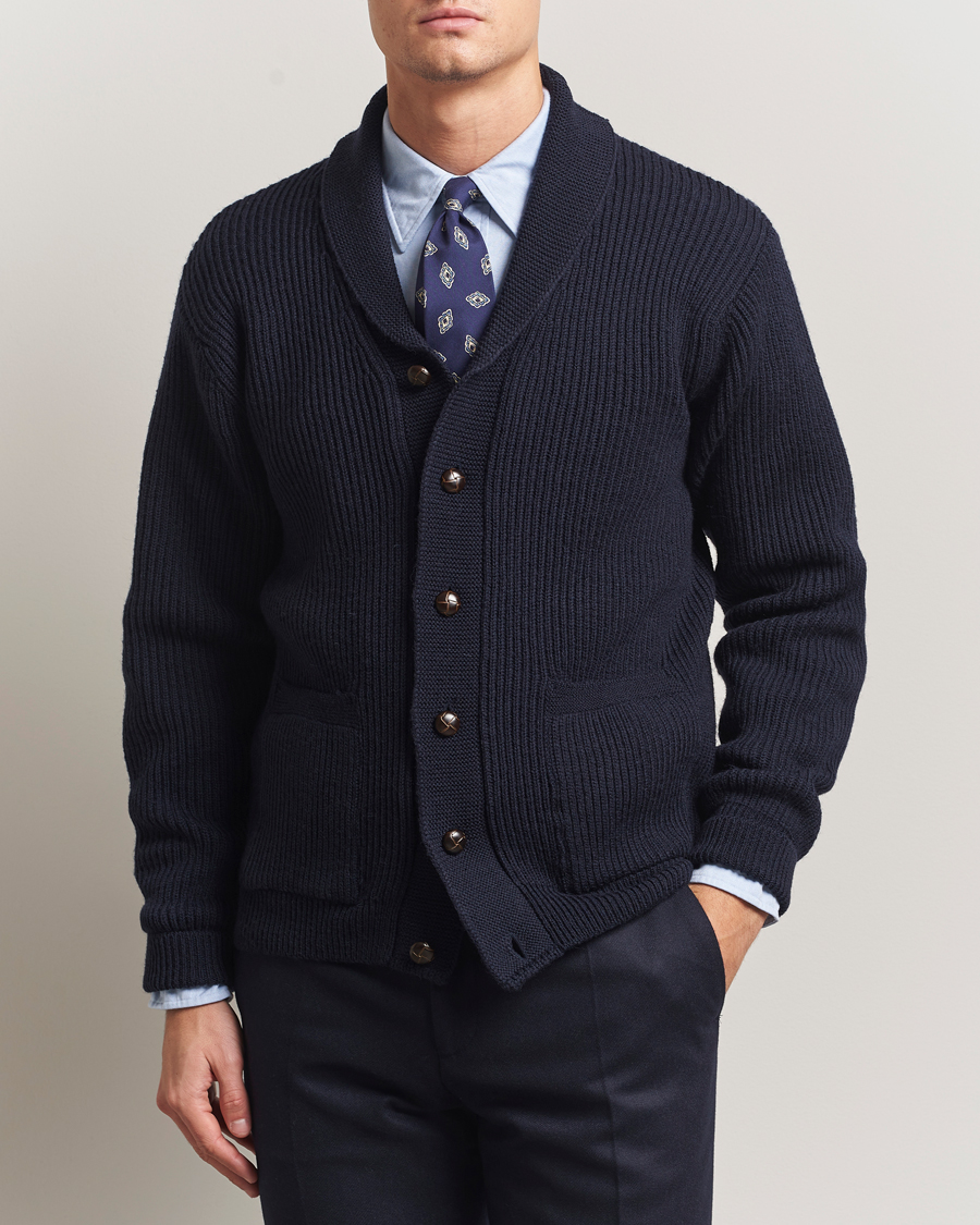 Uomini | Maglieria | Kamakura Shirts | McQueen Shawl Collar Cardigan Navy