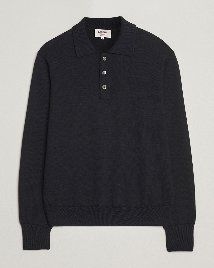 Uomini | Maglieria | Kamakura Shirts | Long Sleeve Knitted Polo Black