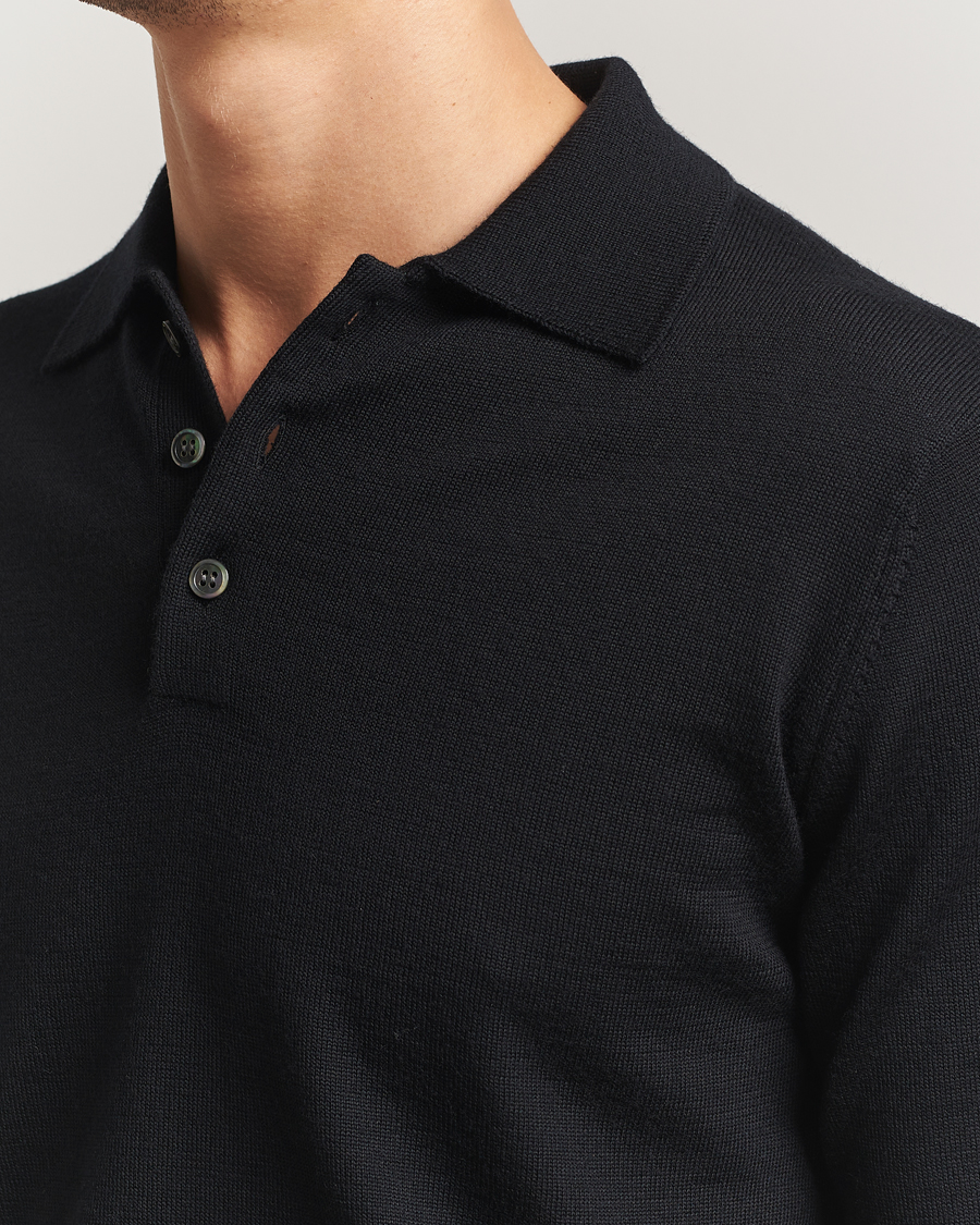 Uomini | Maglieria | Kamakura Shirts | Long Sleeve Knitted Polo Black