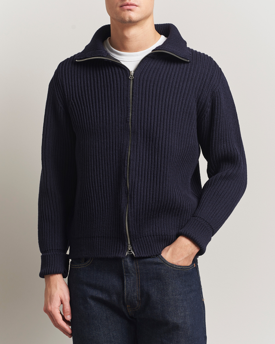 Uomini | Maglieria | Peregrine | Fisherman Merino Zip Cardigan Navy