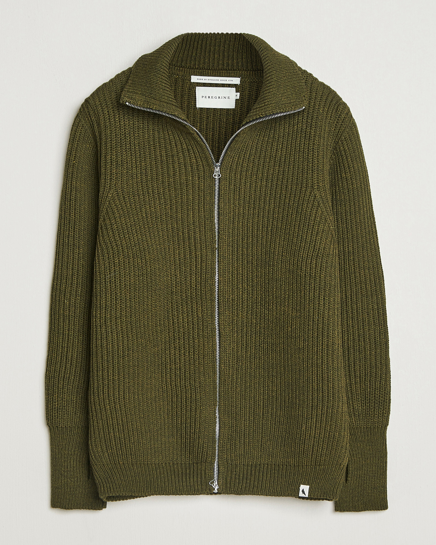 Uomini | Maglieria | Peregrine | Fisherman Merino Zip Cardigan Olive