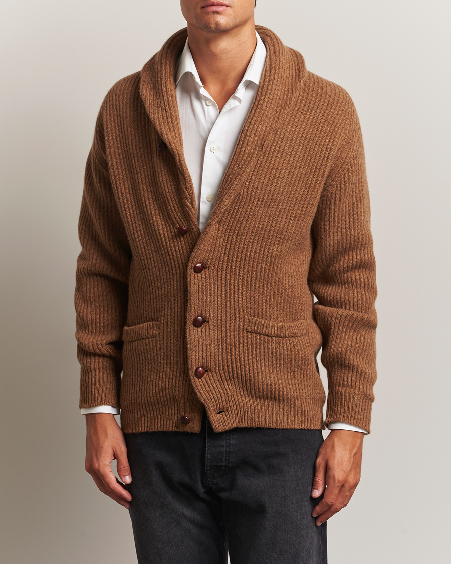 Uomini | Maglieria | William Lockie | Windsor Geelong Lambswool Shawl Cardigan Brown