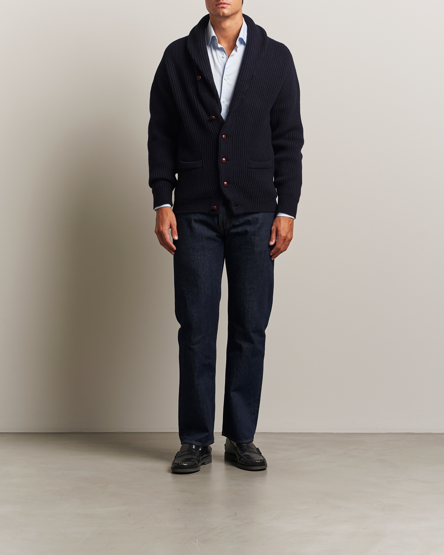 Uomini | Maglieria | William Lockie | Windsor Geelong Lambswool Shawl Cardigan Navy