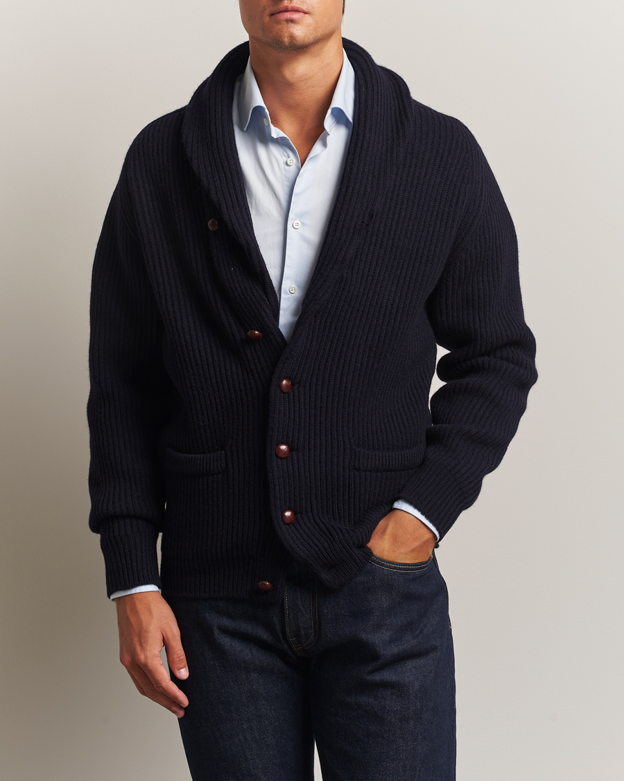 Uomini | Maglieria | William Lockie | Windsor Geelong Lambswool Shawl Cardigan Navy
