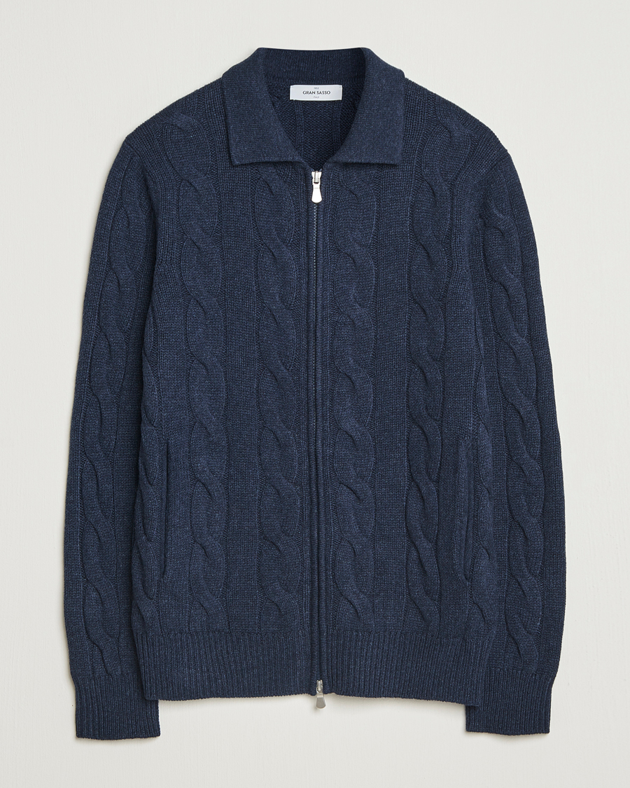 Uomini | Maglieria | Gran Sasso | Wool/Cashmere Cable Full Zip Navy Melange
