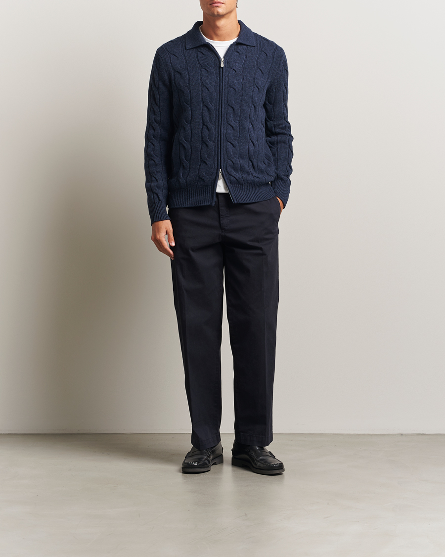 Uomini | Maglieria | Gran Sasso | Wool/Cashmere Cable Full Zip Navy Melange