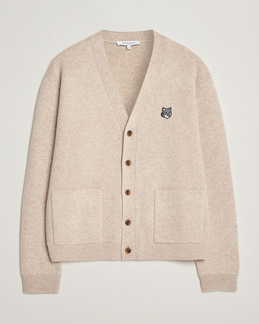 Uomini | Maglieria | Maison Kitsuné | Grey Fox Head Milano Lambswool Cardigan Tan Beige
