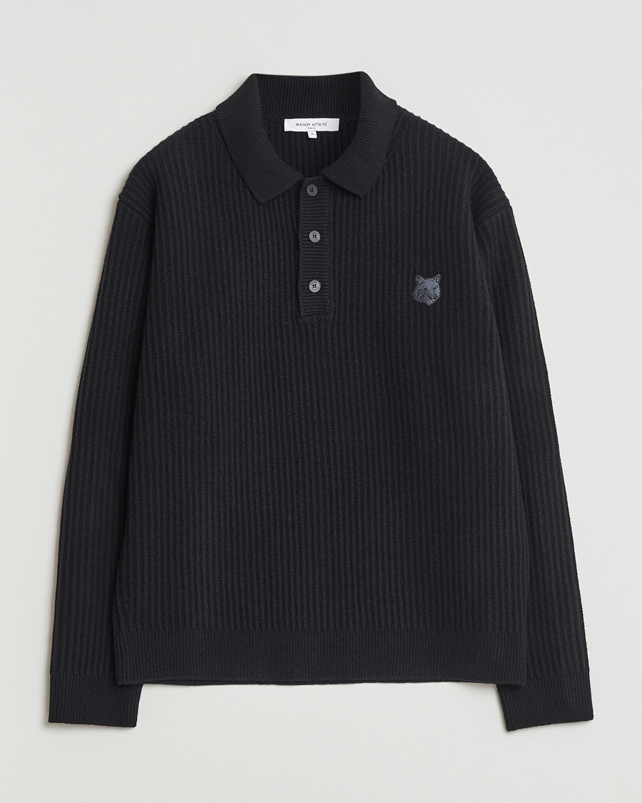 Uomini | Maglieria | Maison Kitsuné | Tonal Fox Head Wool Ribbed Polo Black