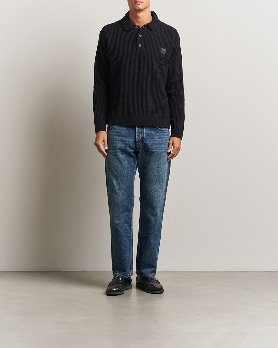 Uomini | Maglieria | Maison Kitsuné | Tonal Fox Head Wool Ribbed Polo Black