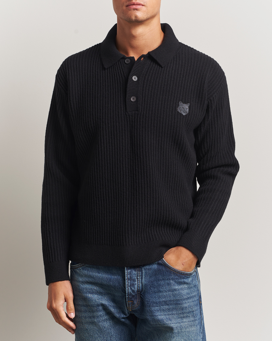 Uomini | Maglieria | Maison Kitsuné | Tonal Fox Head Wool Ribbed Polo Black