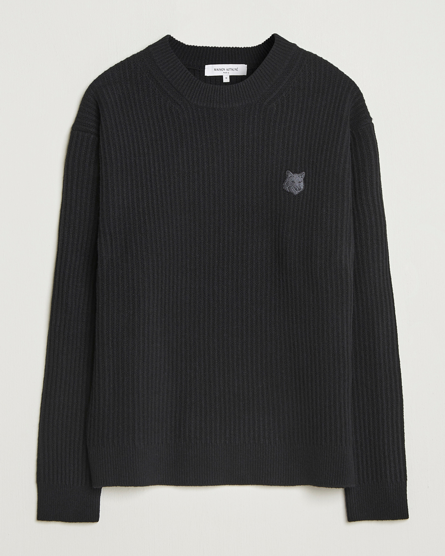 Uomini | Maglieria | Maison Kitsuné | Tonal Fox Head Wool Ribbed Sweater Black