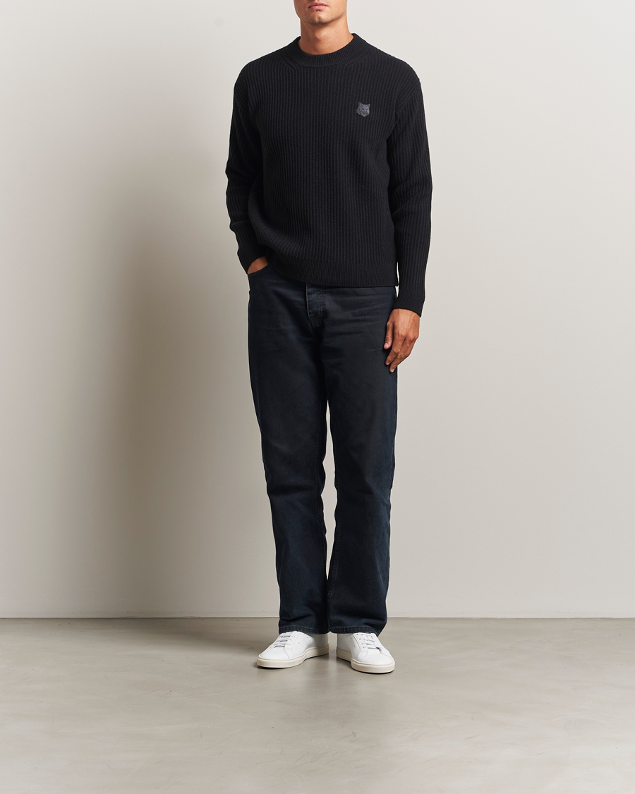Uomini | Maglieria | Maison Kitsuné | Tonal Fox Head Wool Ribbed Sweater Black