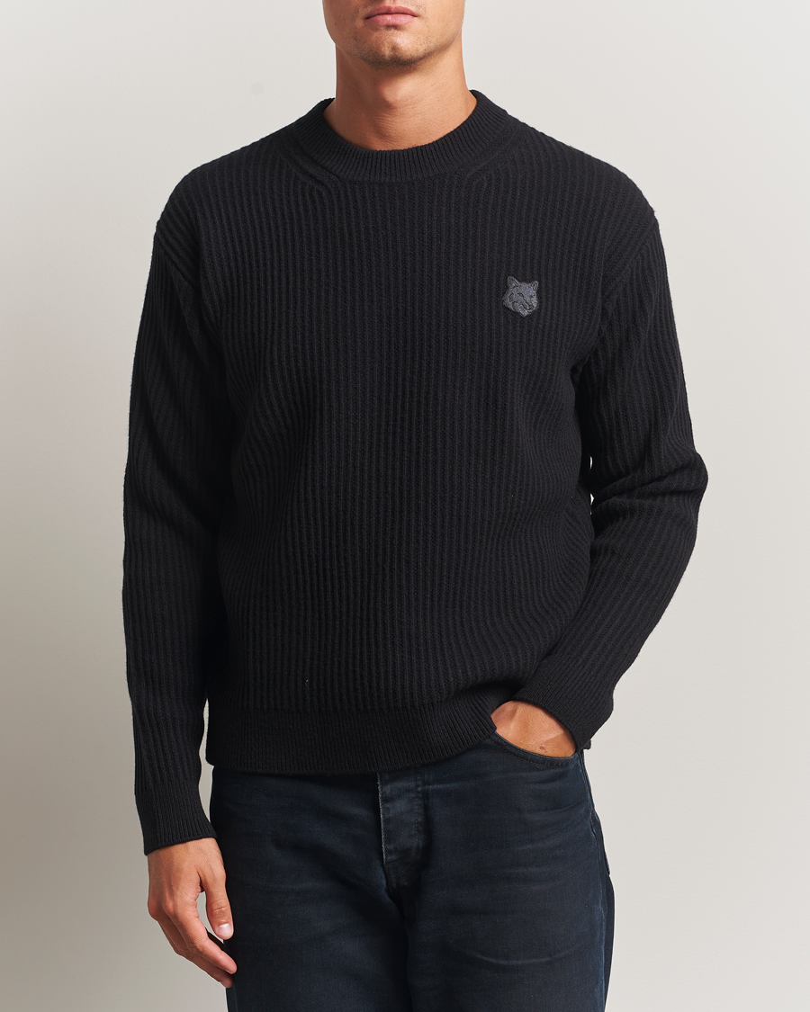 Uomini | Maglieria | Maison Kitsuné | Tonal Fox Head Wool Ribbed Sweater Black