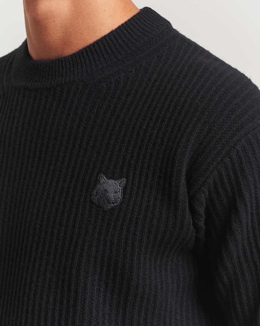 Uomini | Maglieria | Maison Kitsuné | Tonal Fox Head Wool Ribbed Sweater Black