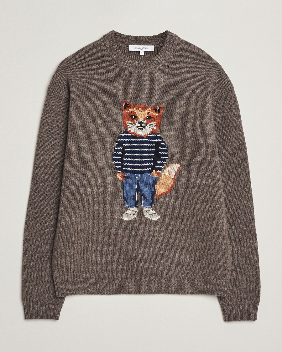 Uomini | Maglieria | Maison Kitsuné | Dressed Fox Wool Knitted Sweater Dark Grey Melange