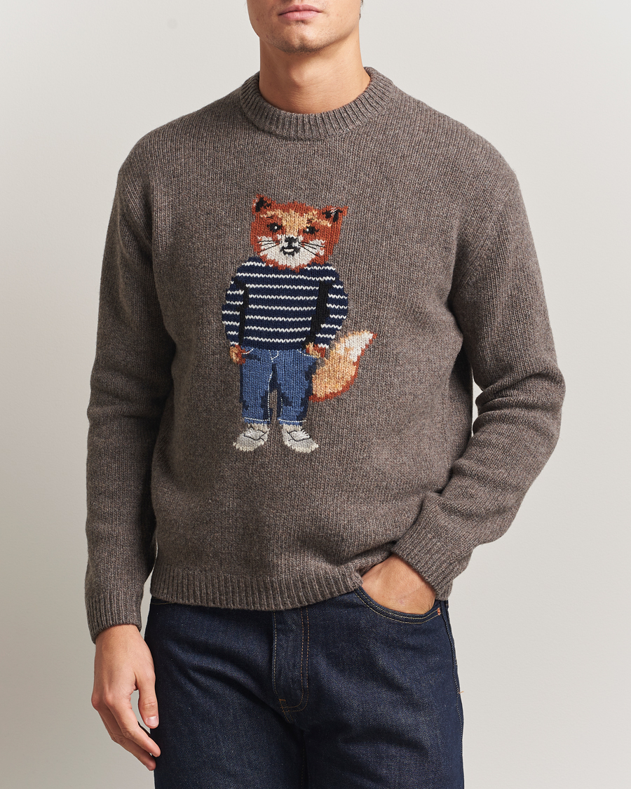 Uomini | Maglieria | Maison Kitsuné | Dressed Fox Wool Knitted Sweater Dark Grey Melange