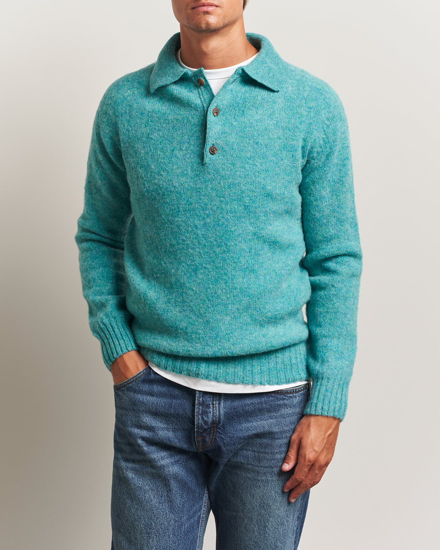 Uomini | Maglieria | Harley Of Scotland | Brushed Supersoft Lambswool Polo Hummingbird