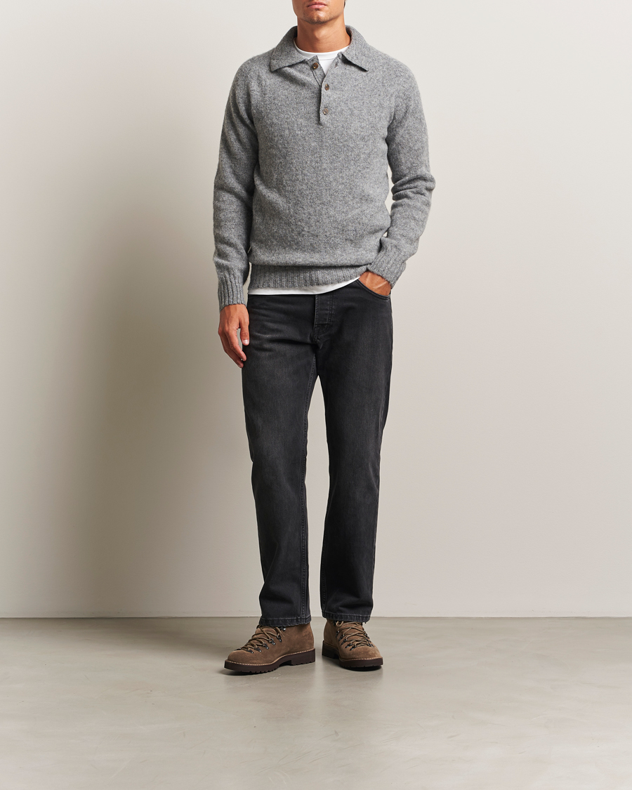 Uomini | Maglieria | Harley Of Scotland | Brushed Supersoft Lambswool Polo Mid Grey