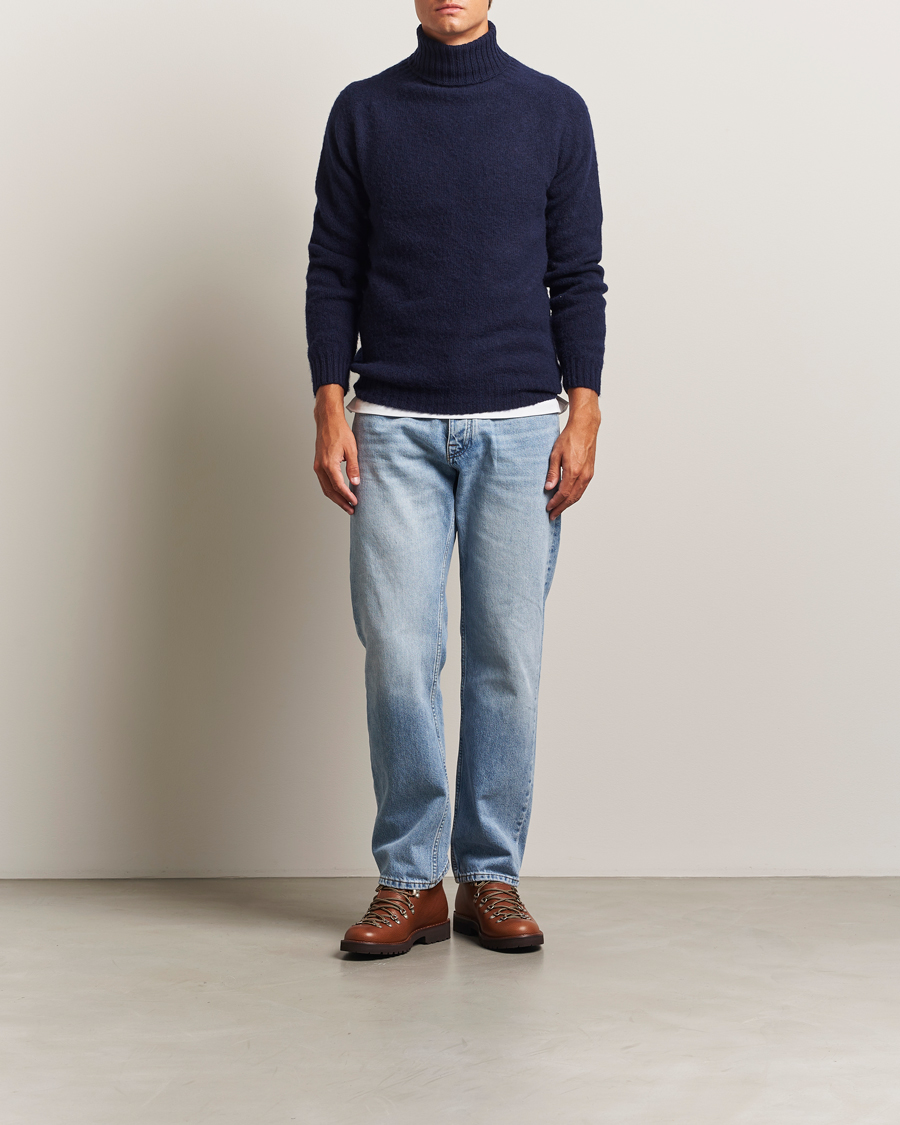 Uomini | Maglieria | Harley Of Scotland | Brushed Supersoft Lambswool Rollneck Navy